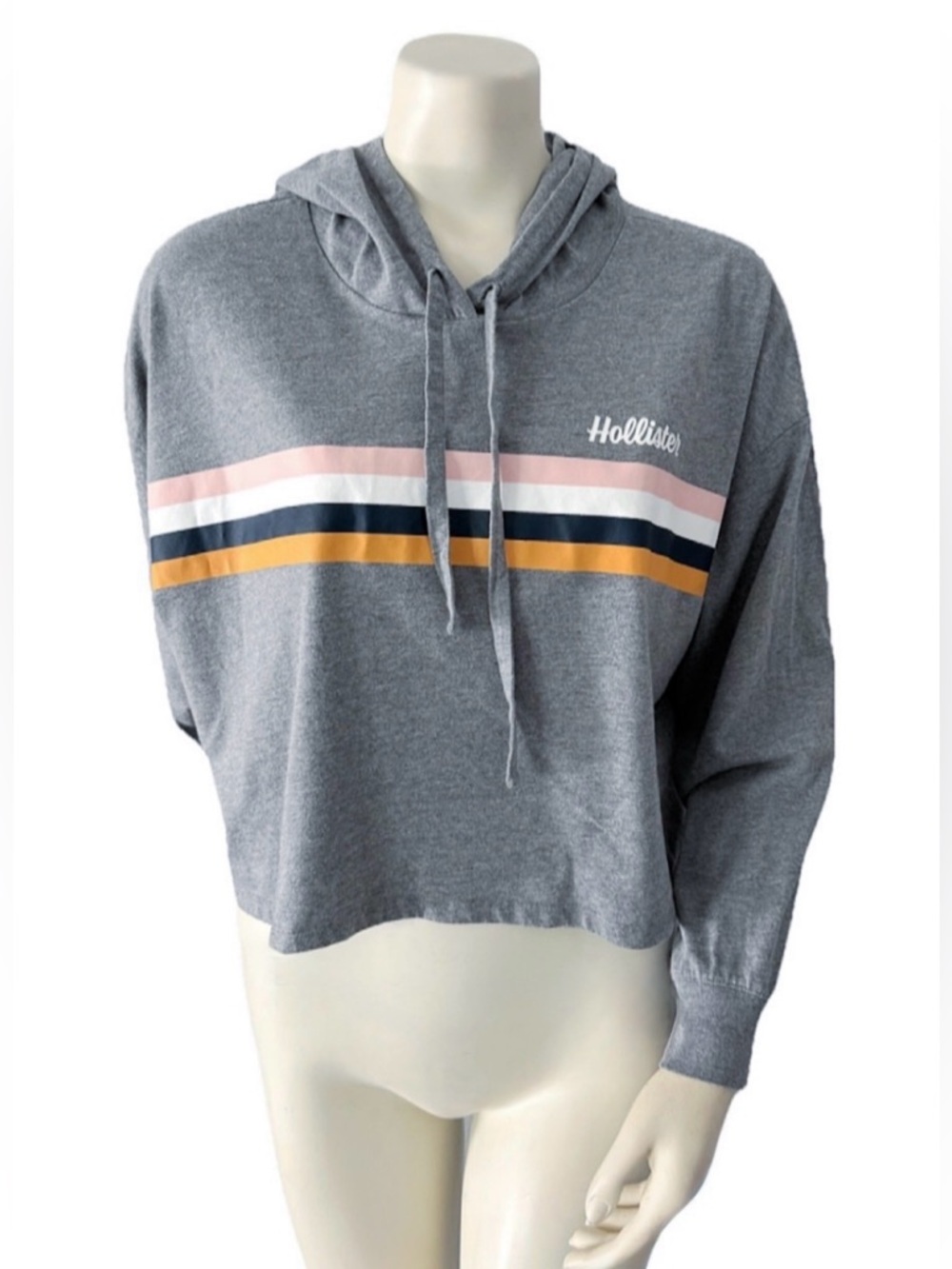 Hollister Cropped Hoodie Women’s Large Gray Stripe Lightweight Pullover
